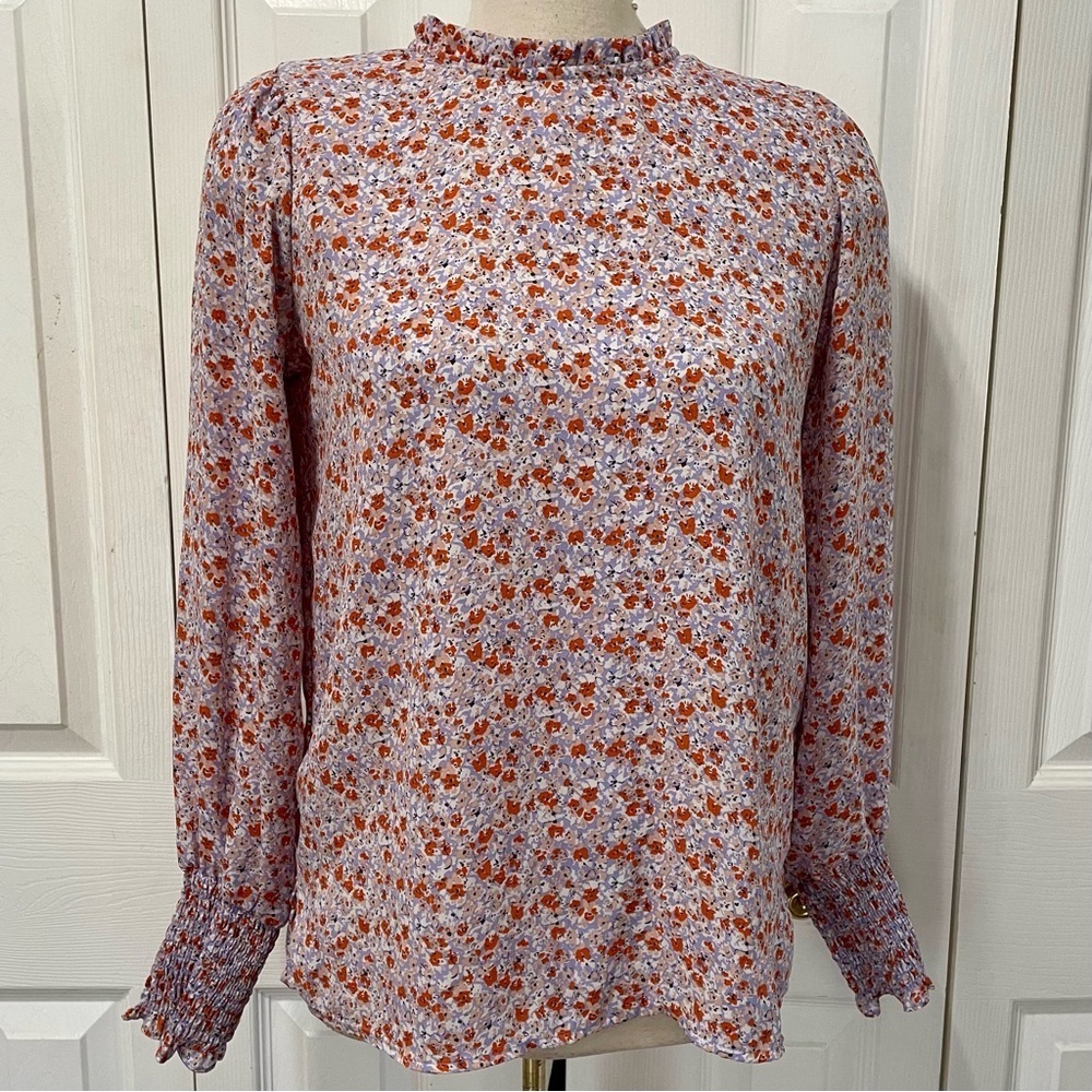 cupcakes & cashmere Floral Blouse with Smocked Cuffs in Orange and Purple